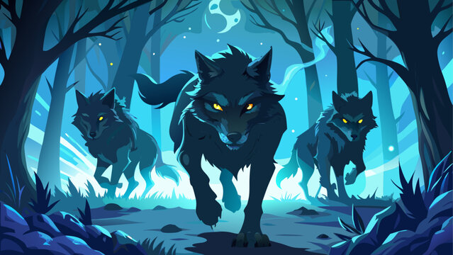 Three wolves running in a dark forest night