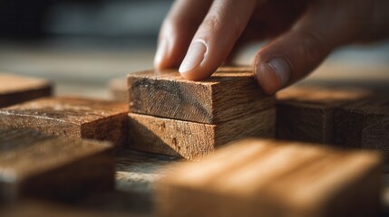 close-up of a hand carefully stacking polished wooden blocks on a table during a teamwork or strategy activity, soft warm lighting highlighting wood grain and hand details