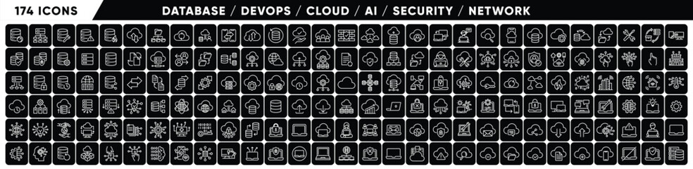 Dark Mode Technology Line Icon Set &ndash; Database, DevOps, Cloud, AI, Security and Network Collection