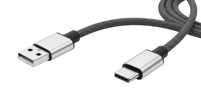 Technology Photo-realistic USB-A to USB-C Braided Cable. Isolated Data Transfer and Charging Cord for Modern Digital Devices and Electronics.