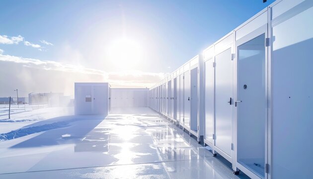 FlyPro Firefly decontamination shower units being assembled in an open area under bright diffused lighting, captured with a professional camera shot.