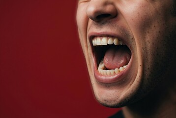 Fototapeta premium Close-up of angry man screaming with wide open mouth. Aggressive male shouting on red background