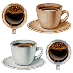 Fototapeta premium Watercolor illustrations, a set of espresso coffee cups. Perfect for coffee shops, packaging, textiles, blogs, recipes, and scrapbooking.