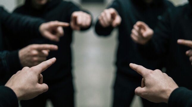 Group of people pointing fingers at center. Concept of accusation, blame and bullying