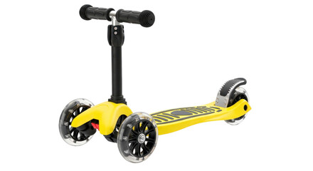 Photo-realistic yellow three-wheel kick scooter for children, a fun recreational outdoor toy on a black background