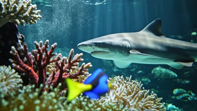 Ocean habitat showcasing a majestic shark swimming near colorful coral reefs and a blue tang fish