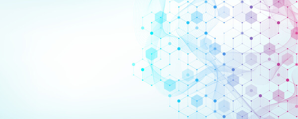 Modern health care or medical background design. Health care innovation concept. Horizontal header web banner. Abstract geometric background with hexagon shapes for medicine, science, chemistry.