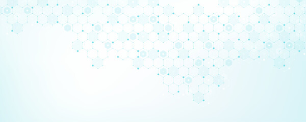 Modern health care or medical background design. Health care innovation concept. Horizontal header web banner. Abstract geometric background with hexagon shapes for medicine, science, chemistry.