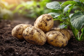Pile of ripe potatoes on ground in field. Potato plants with tubers in soil. Yellow potato close-up top view. Fresh dirty organic potatoes harvest. Freshly harvested potatoes food farm. Agriculture