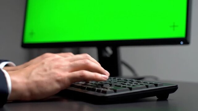 Person Typing on Keyboard in Front of Computer Monitor with Green Screen Background