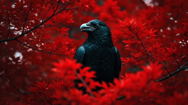 Crow Bird Perched Among Vibrant Red Autumn Maple Leaves