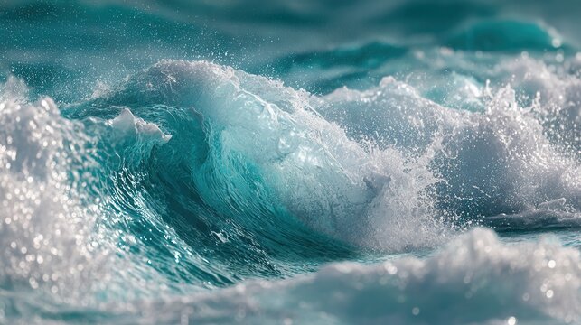 powerful turquoise ocean wave crashing dynamically, white foam forming and sunlight reflecting off vibrant water textures, shallow depth of field emphasizing wave motion and spray