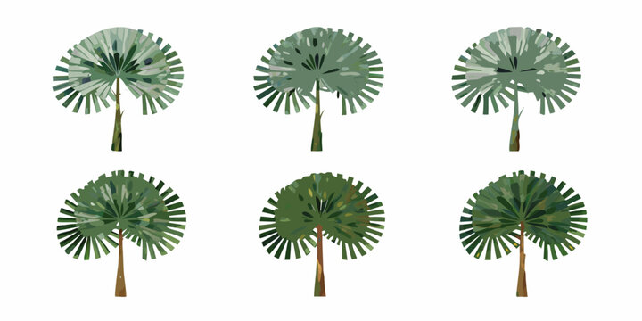 Six stylized palmetto trees with varying shades of green foliage