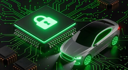 A sleek silver car with glowing green lights drives next to a microchip featuring a luminous green padlock on a dark circuit board.