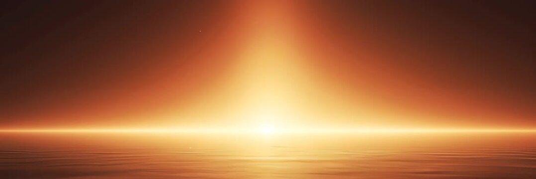 Golden sunrise over calm horizon with glowing light, website banner in wide format with copy space, new beginning concept, inspirational morning scene.