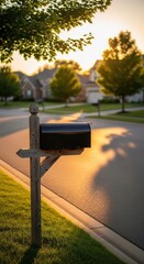 Suburban street scene at golden hour with a classic wooden mailbox in the foreground illuminated by warm sunset light casting long shadows across the asphalt road and manicured