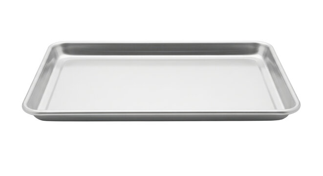 Photo-realistic Metal Baking Sheet Pan for Kitchen Food Preparation and Cooking. Empty Silver Oven Tray on Black Background.