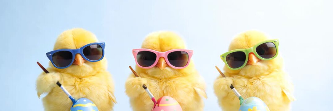 Three yellow chicks wearing sunglasses holding painted easter eggs on blue background, website banner in wide format with copy space, joyful spring celebration, Easter.