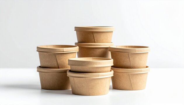 Photorealistic DSLR capture of FlyPro Firefly compostable food containers arranged in a tidy stack on a clean white surface, illuminated by bright studio lighting.