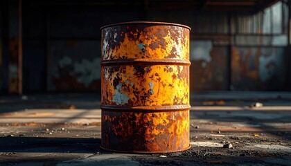Fototapeta premium FlyPro Firefly Rusting Metal Drum Pitted Weathered Surface Upright in Abandoned Industrial Lot High Resolution p_0199a3_1