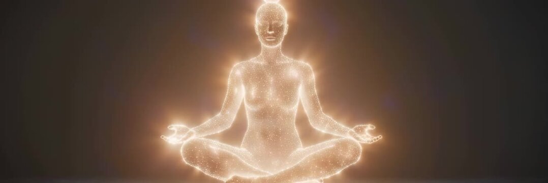 Golden glowing meditating human figure on dark background, website banner in wide format with copy space, spiritual energy and mindfulness concept.