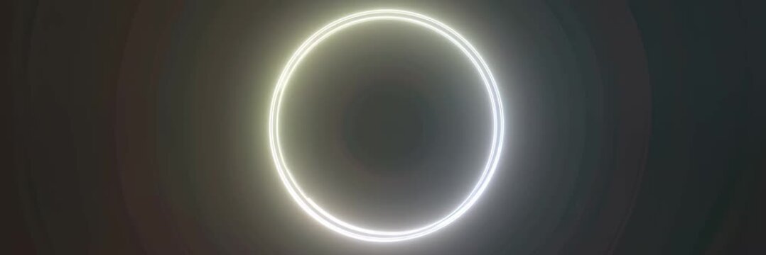 Bright glowing circular light ring on soft dark background, website banner in wide format with copy space, modern futuristic neon concept.