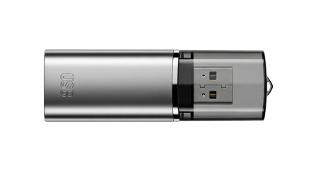 Photo-realistic Silver USB Flash Drive: Modern Technology  Data Storage Device. Sleek Digital Memory Stick for Computing and Electronics on Black Background.