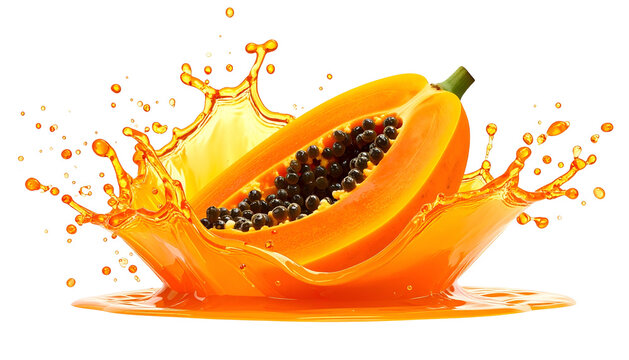 Vivid image of a sliced papaya fruit exploding in a vibrant, orange juice splash