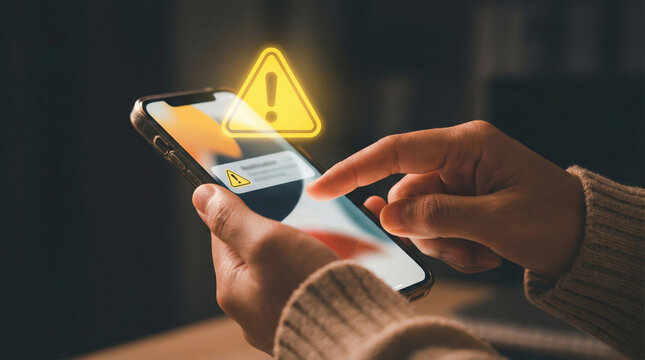 Concerned user holding mobile smartphone viewing glowing alert warning. Cyber security danger notification requires caution. Hand holding phone facing digital virus risk with anxious feeling