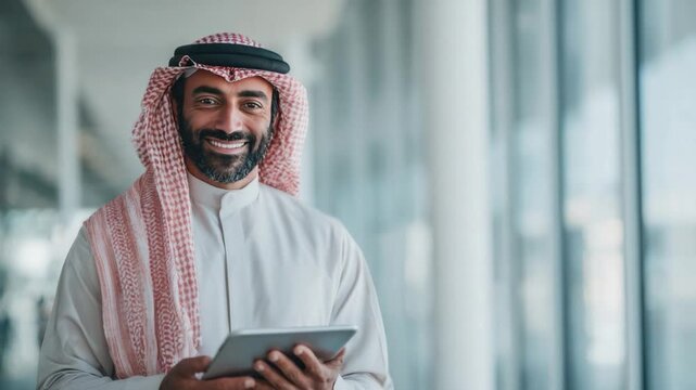 Arab Businessman with Tablet: A distinguished Arab businessman exudes confidence as he holds a tablet, his gaze conveying expertise.