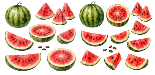 A charming watercolor collection of watermelon clipart, including whole melons, halved slices, triangular wedges, seeds, and vibrant red flesh.
