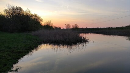 Obraz premium Country landscape with dirt road, trees and glowing sunset horizon. Quiet rural atmosphere.