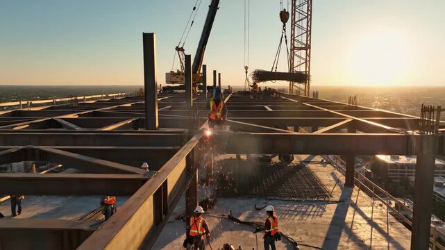 Sunset skyline construction progress: workers assemble steel beams on urban skyscraper