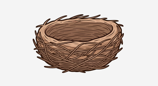 An empty bird's nest made of twigs and straw