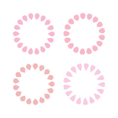 Set of 4 circular frames made of pink cherry blossom petals. Minimalist floral vector borders for spring greeting cards, wedding invitations, and delicate seasonal decorations.