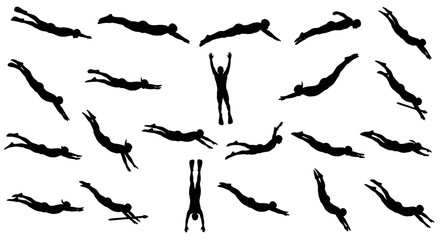 Silhouettes of people diving and swimming in various dynamic poses.