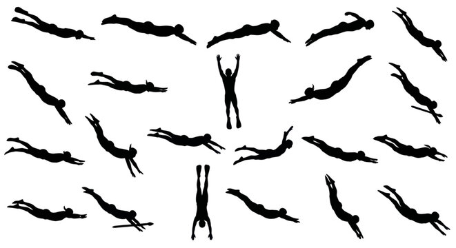 Silhouettes of people diving and swimming in various dynamic poses.
