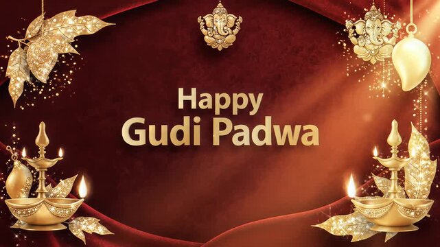 Happy Gudi Padwa Festival Golden Ornaments Ganesha Diya