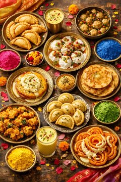 Traditional Indian Holi Festival Food Feast Flat Lay on Rustic Wooden Table with Gujiya, Thandai, Dahi Bhalla, Malpua, Rabri, Puran Poli, Jalebi and Vibrant Gulal Colors in Luxurious Styling