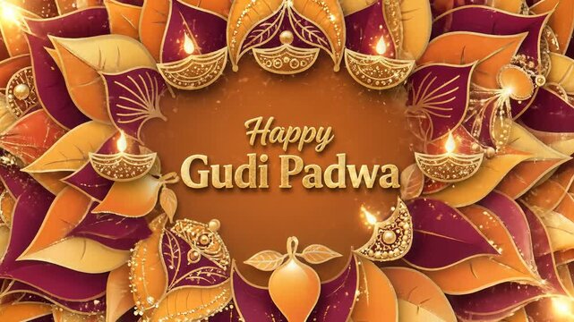 Happy Gudi Padwa Greeting Background with Mangoes and Diyas