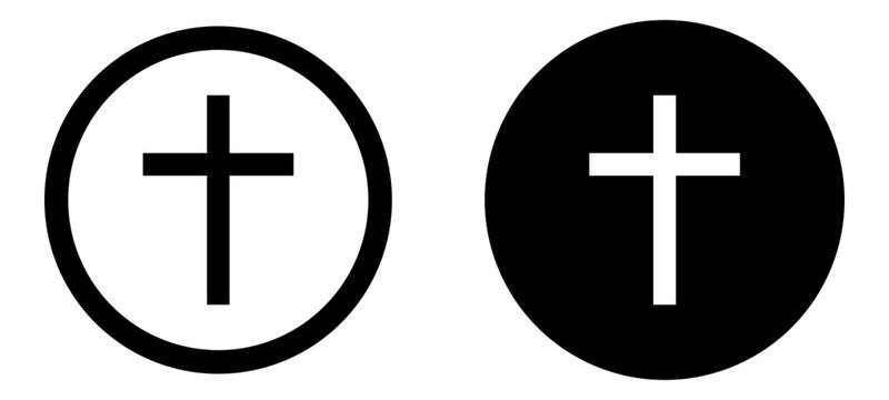 Ilustraci&oacute;n de circular con crucifijo. Icono de religi&oacute;n, esp&iacute;ritu, creencia y fe. Vector en blanco y negro para app, folleto, dise&ntilde;o grafico, sitio web, movimientos religiosos y otros. 