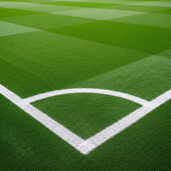 Obraz premium Close-up on a lush green soccer field corner, showing white boundary lines and perfectly manicured turf. Ideal for sports, game, and healthy lifestyle concepts. 