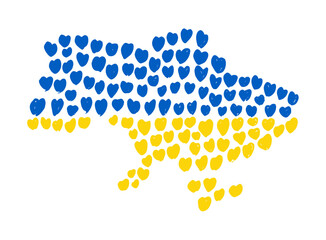 Map of Ukraine consisted of blue and yellow hearts. Crayon doodle design. Vector EPS 10