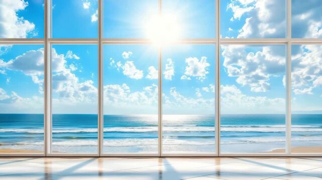 Large window overlooking tropical ocean beach with blue sky and bright sun. Concept of luxury real estate vacation and freedom