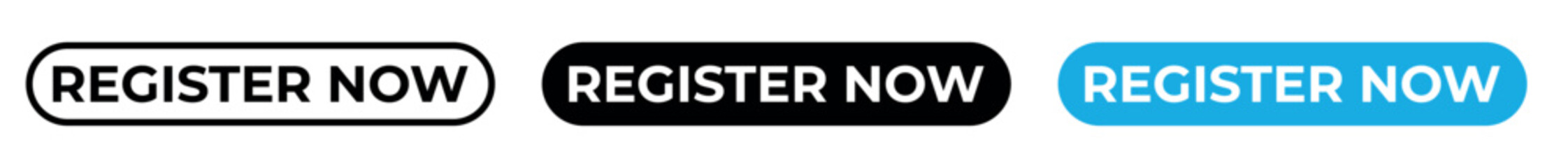 Blue register now button outline and flat on transparent background. web button template.