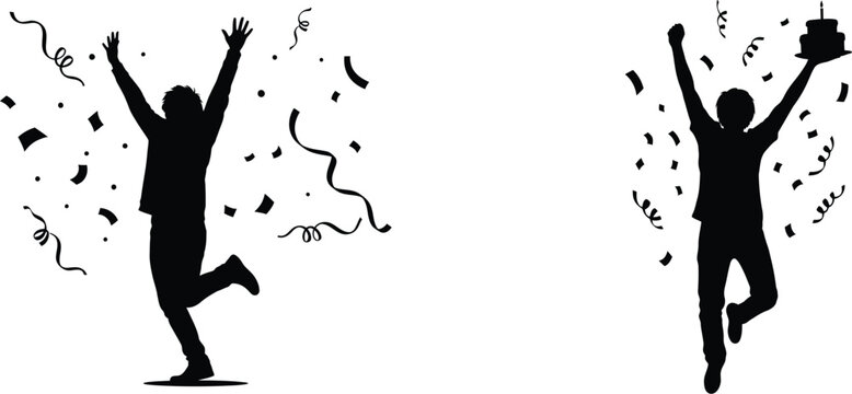 Two silhouette figures celebrating with confetti and fireworks