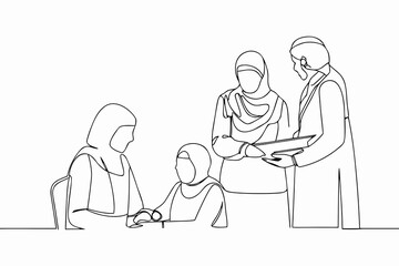 Continuous line drawing of four women in traditional islamic clothing