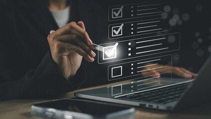Digital checklist and task management concept with virtual approval interface on laptop, Workflow...