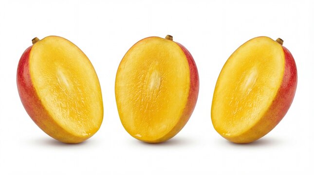 Freshly cut ripe mango halves isolated on white
