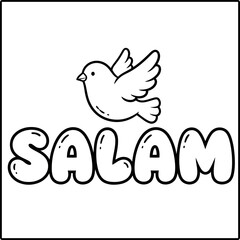 Fototapeta premium Ramadan coloring page with flying dove and Arabic calligraphy Salam vector illustration